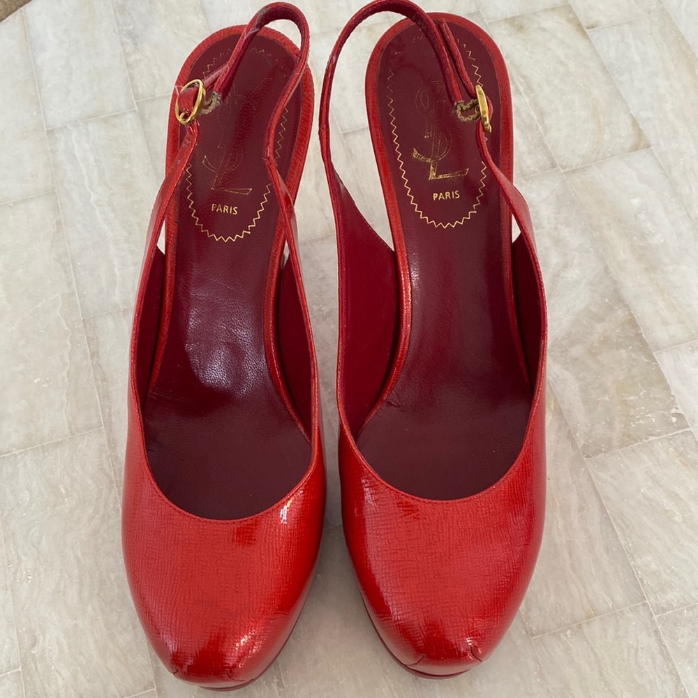 YSL Paris Red shiny leather slingback stiletto, size 38.5